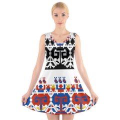 Bulgarian Folk Art Folk Art V-neck Sleeveless Skater Dress by Celenk