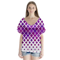 Pattern Square Purple Horizontal V-neck Flutter Sleeve Top by Celenk