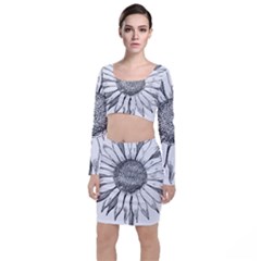 Sunflower Flower Line Art Summer Long Sleeve Crop Top & Bodycon Skirt Set