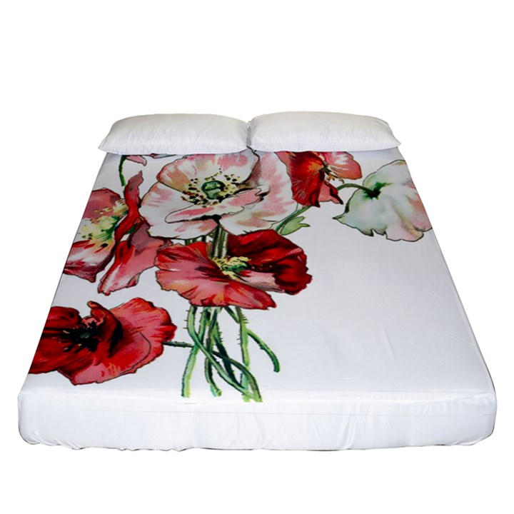 Flowers Poppies Poppy Vintage Fitted Sheet (Queen Size)