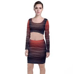 Background Red Orange Modern Long Sleeve Crop Top & Bodycon Skirt Set by Celenk