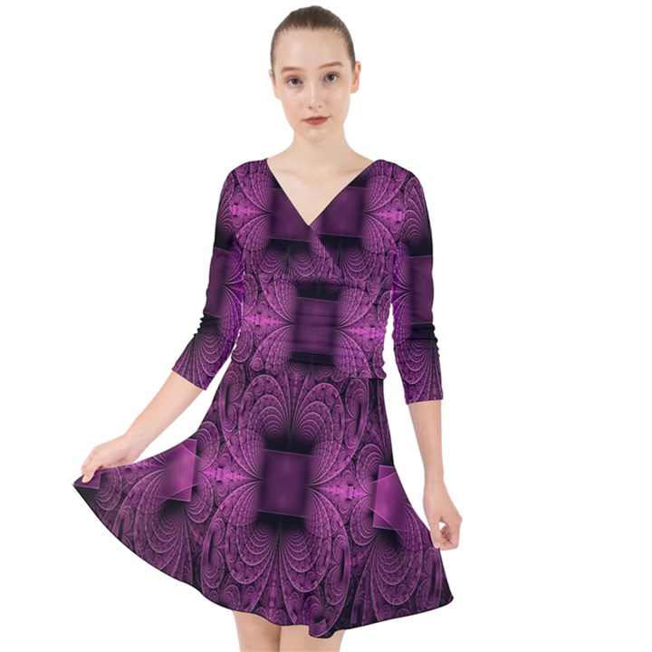 Fractal Magenta Pattern Geometry Quarter Sleeve Front Wrap Dress	