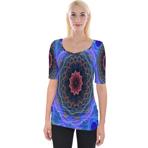 Cosmic Flower Kaleidoscope Art Wide Neckline Tee by Celenk