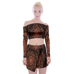 Fractal Red Brown Glass Fantasy Off Shoulder Top With Mini Skirt Set by Celenk