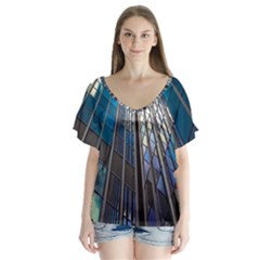 Architecture Skyscraper V-neck Flutter Sleeve Top by Celenk