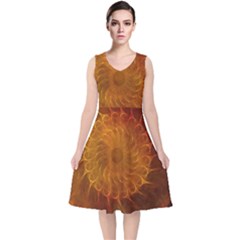 Orange Warm Hues Fractal Chaos V-neck Midi Sleeveless Dress  by Celenk