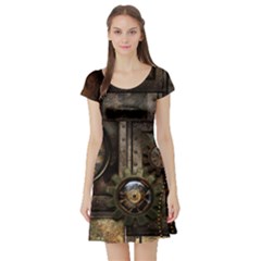 Steampunk, Wonderful Clockwork With Gears Short Sleeve Skater Dress by FantasyWorld7