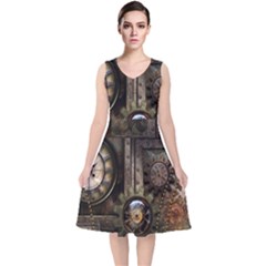 Steampunk, Wonderful Clockwork With Gears V-neck Midi Sleeveless Dress  by FantasyWorld7