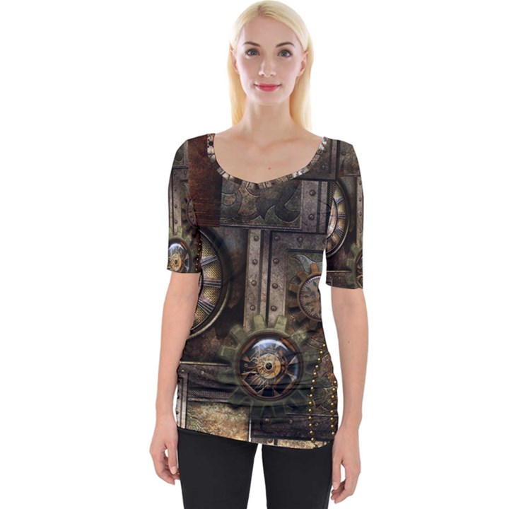 Steampunk, Wonderful Clockwork With Gears Wide Neckline Tee