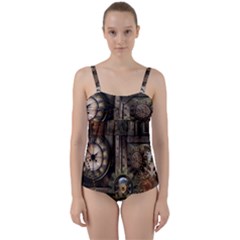 Steampunk, Wonderful Clockwork With Gears Twist Front Tankini Set by FantasyWorld7