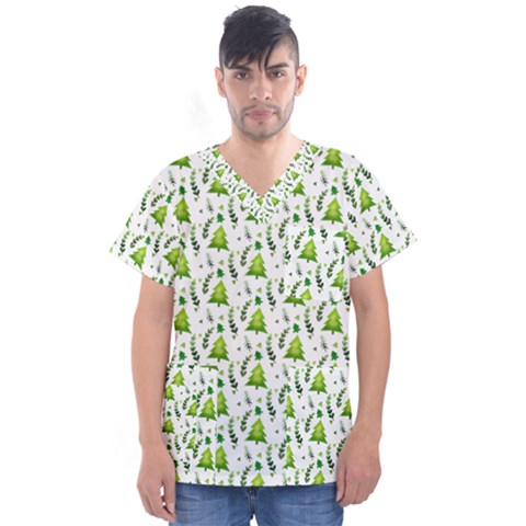 Watercolor Christmas Tree Men s V-neck Scrub Top by patternstudio