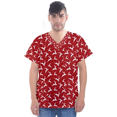 Red Reindeers Men s V-neck Scrub Top by patternstudio