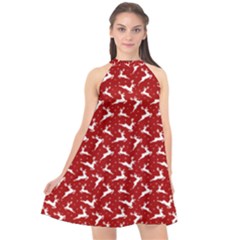 Red Reindeers Halter Neckline Chiffon Dress  by patternstudio