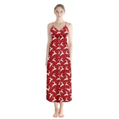 Red Reindeers Button Up Chiffon Maxi Dress by patternstudio