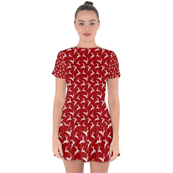 Red Reindeers Drop Hem Mini Chiffon Dress