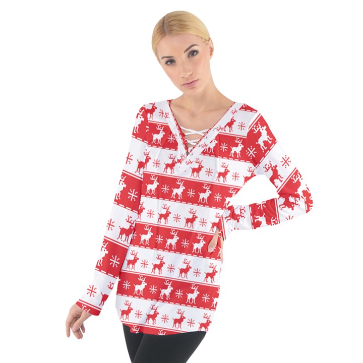 Knitted Red White Reindeers Tie Up Tee