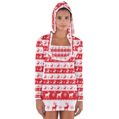 Knitted Red White Reindeers Long Sleeve Hooded T-shirt by patternstudio