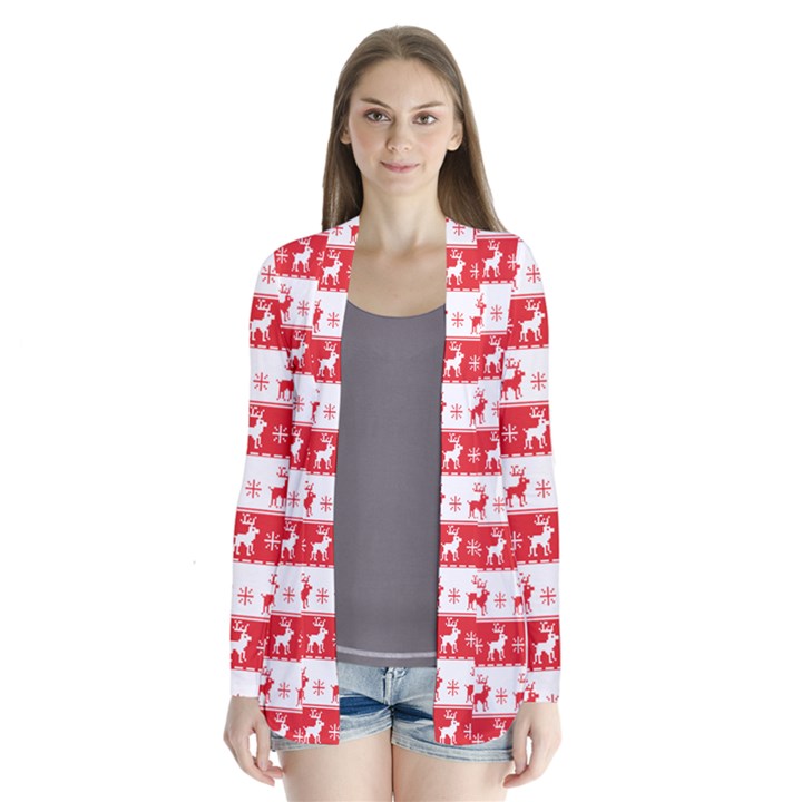 Knitted Red White Reindeers Drape Collar Cardigan