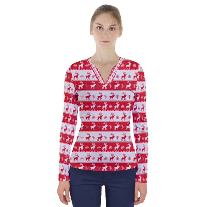 Knitted Red White Reindeers V-Neck Long Sleeve Top