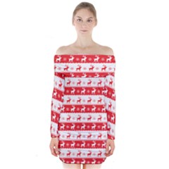 Knitted Red White Reindeers Long Sleeve Off Shoulder Dress by patternstudio