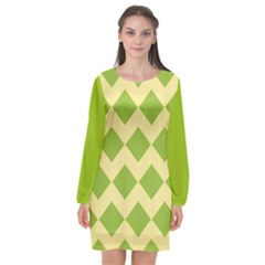 Green Rectangular Pattern Long Sleeve Chiffon Shift Dress  by berwies