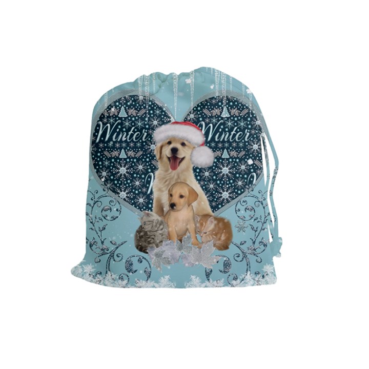 It s winter and christmas time, cute kitten and dogs Drawstring Pouches (Large) 