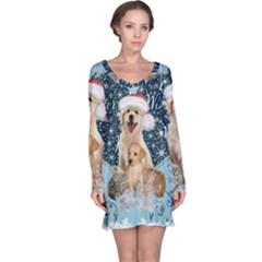 It s Winter And Christmas Time, Cute Kitten And Dogs Long Sleeve Nightdress by FantasyWorld7