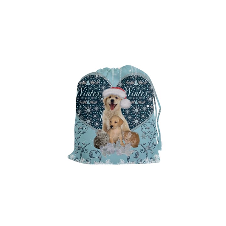 It s winter and christmas time, cute kitten and dogs Drawstring Pouches (XS) 