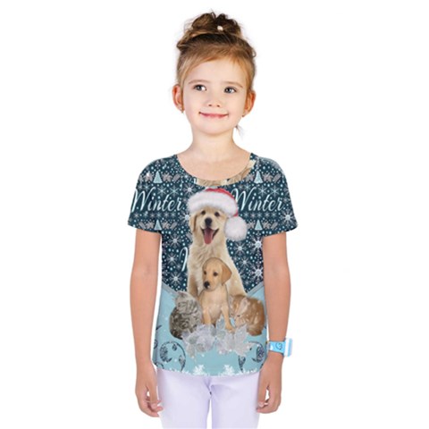 It s Winter And Christmas Time, Cute Kitten And Dogs Kids  One Piece Tee by FantasyWorld7