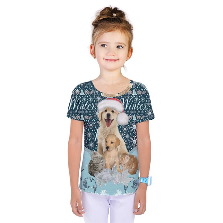 It s winter and christmas time, cute kitten and dogs Kids  One Piece Tee