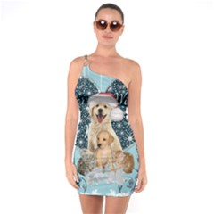 It s Winter And Christmas Time, Cute Kitten And Dogs One Soulder Bodycon Dress by FantasyWorld7