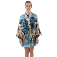 It s Winter And Christmas Time, Cute Kitten And Dogs Long Sleeve Kimono Robe by FantasyWorld7