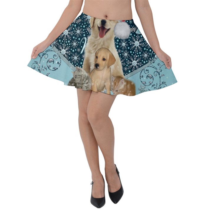 It s winter and christmas time, cute kitten and dogs Velvet Skater Skirt