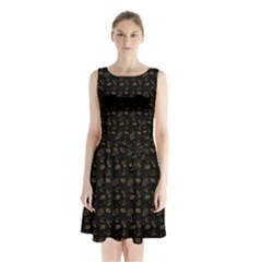 Black And Gold Festive Design Sleeveless Waist Tie Chiffon Dress