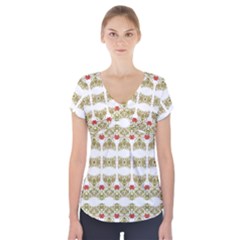 Striped Ornate Floral Print Short Sleeve Front Detail Top by dflcprints