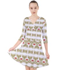 Striped Ornate Floral Print Quarter Sleeve Front Wrap Dress	