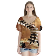 Cute Little Girl Dancing On A Piano V-neck Flutter Sleeve Top by FantasyWorld7