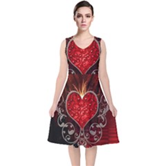 Wonderful Heart With Wings, Decorative Floral Elements V-neck Midi Sleeveless Dress  by FantasyWorld7