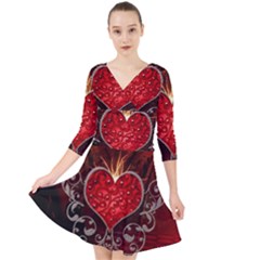 Wonderful Heart With Wings, Decorative Floral Elements Quarter Sleeve Front Wrap Dress	