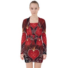 Wonderful Heart With Wings, Decorative Floral Elements V-neck Bodycon Long Sleeve Dress by FantasyWorld7