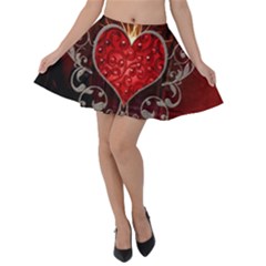 Wonderful Heart With Wings, Decorative Floral Elements Velvet Skater Skirt