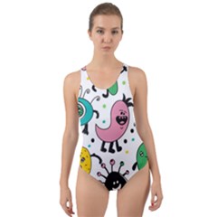 Cute And Fun Monsters Pattern Cut-out Back One Piece Swimsuit