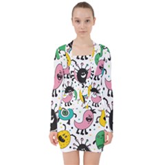 Cute And Fun Monsters Pattern V-neck Bodycon Long Sleeve Dress by Bigfootshirtshop