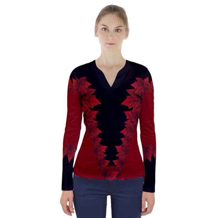 Canada Maple Leaf  V-Neck Long Sleeve Top