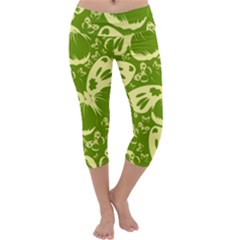 Pale Green Butterflies Pattern Capri Yoga Leggings by Bigfootshirtshop