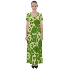 Pale Green Butterflies Pattern High Waist Short Sleeve Maxi Dress