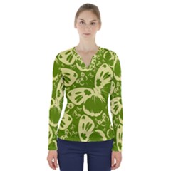 Pale Green Butterflies Pattern V-neck Long Sleeve Top