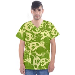 Pale Green Butterflies Pattern Men s V-neck Scrub Top