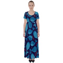 Blue Whale Pattern High Waist Short Sleeve Maxi Dress