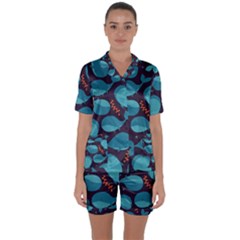 Blue Whale Pattern Satin Short Sleeve Pyjamas Set by Bigfootshirtshop